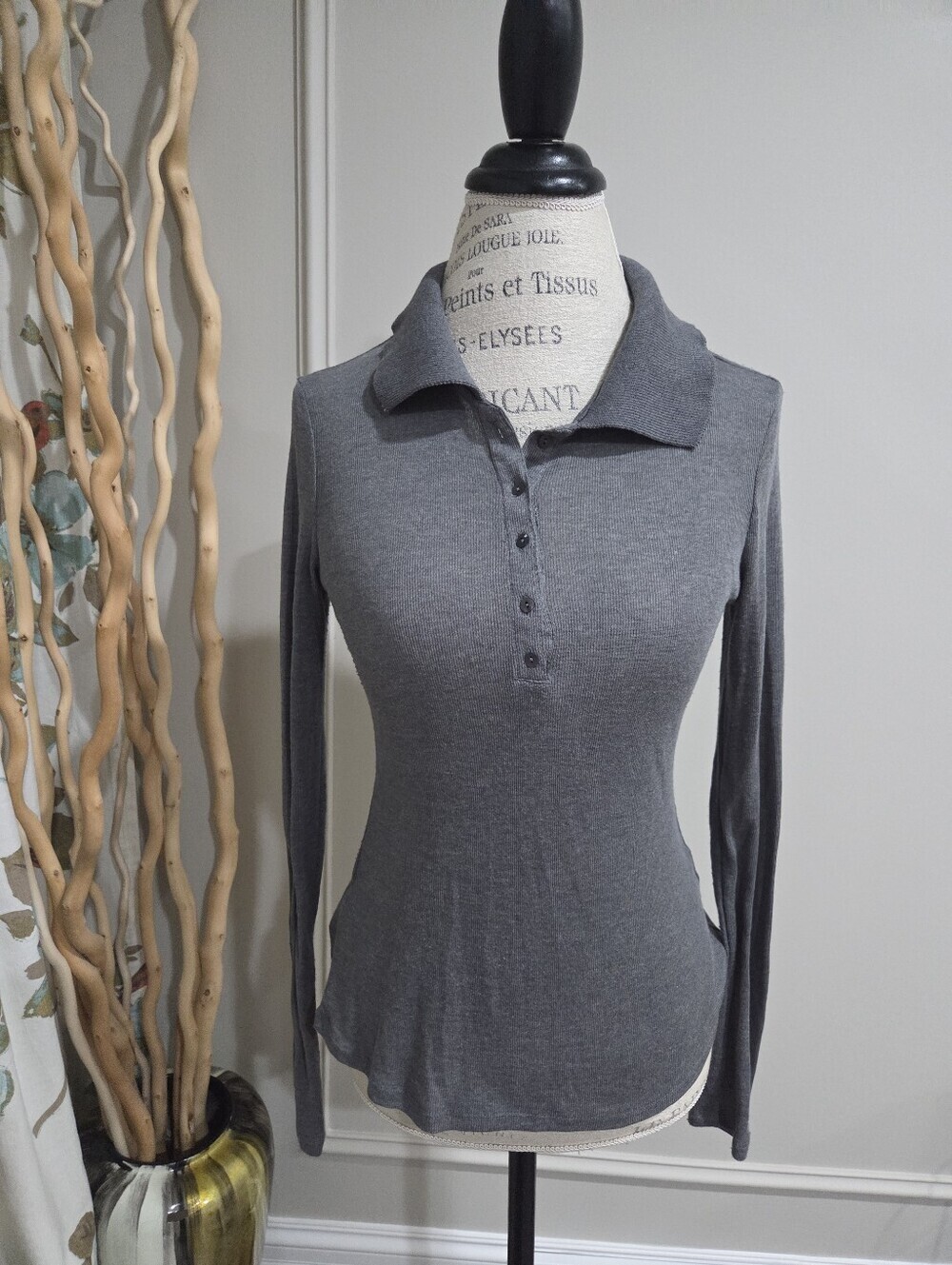 Mango Long-Sleeve Gray Polo Top Sz.S